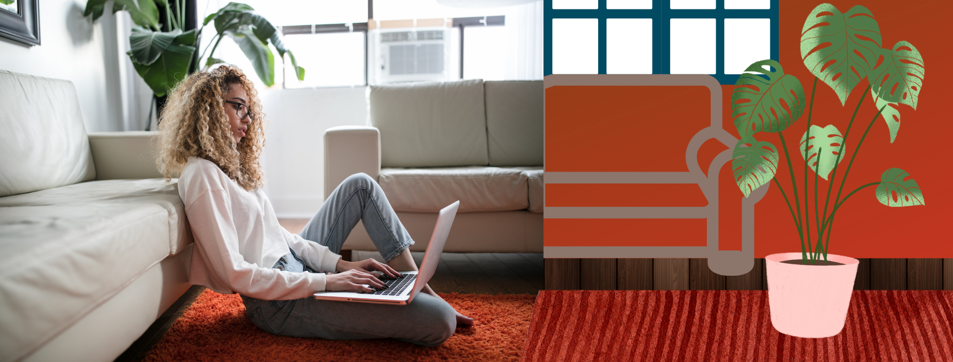 woman researches on computer with collage backround