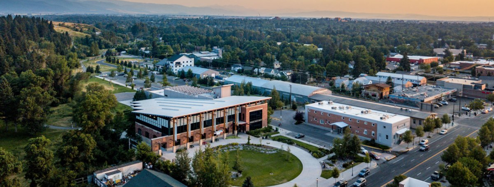 An aerial photo of the library