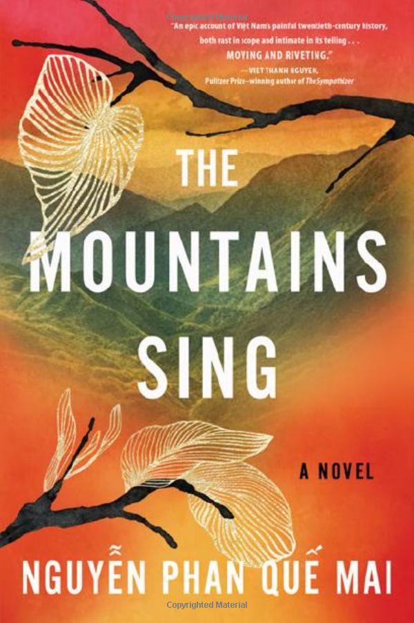 The book cover of The Mountains Sing. It shows an abstract mountain and tree branch scene.